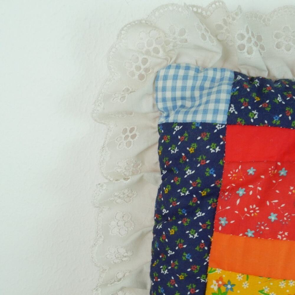 Vintage Patchwork Rainbow Throw Pillow Eyelet Ruffle Pride Kitschy Cottagecore - Picture 6 of 7